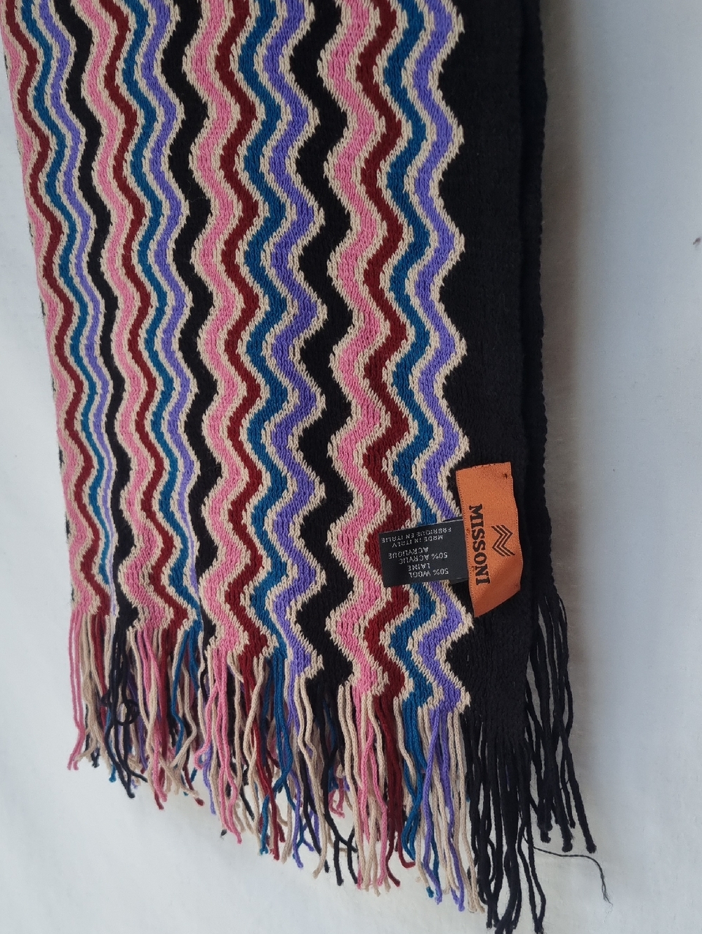 Missoni Black Multicolor Wave Fringe Scarf - Pink, Blue, Cream 19*70 inch